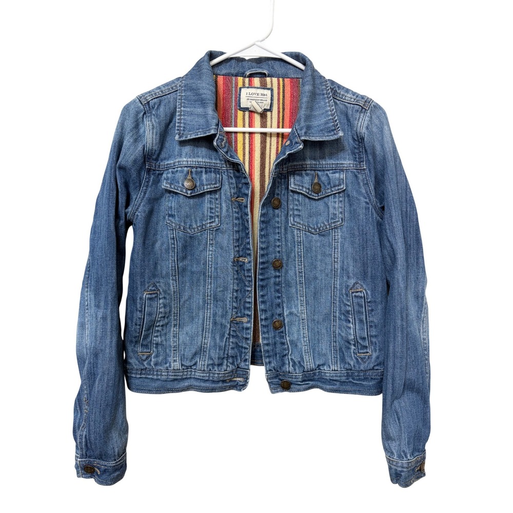I Love H81 Womens Medium Wash Denim Trucker Jacket Striped Lining Blue Size M
